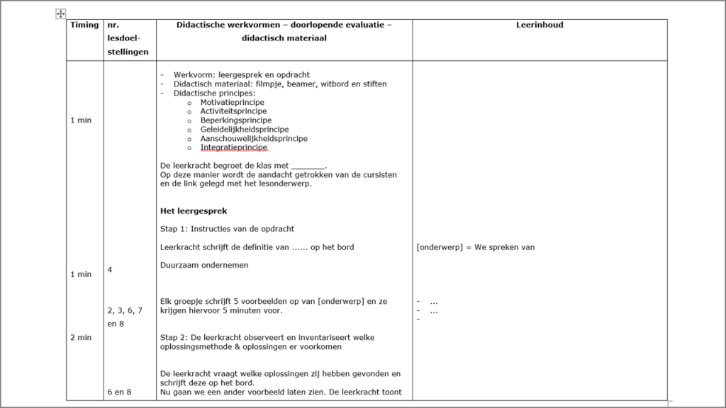 Lesdoelen in tijd geschreven.